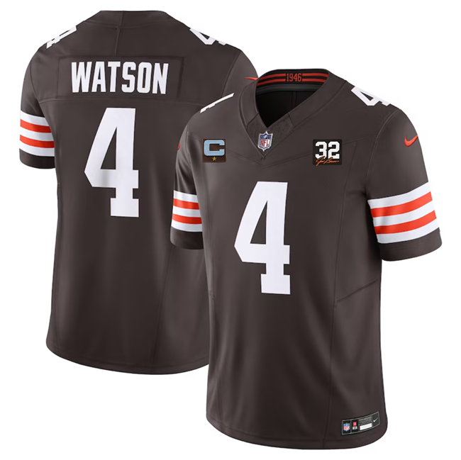 Men's Cleveland Browns #4 Deshaun Watson Brown 2023 F.U.S.E. With 1-Star C Patch And Jim Brown Memorial Patch Vapor Untouchable Limited Football Stitched Jersey